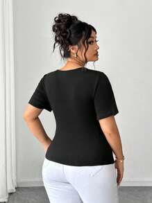 Elenzga Không bao giờ lỗi mốt, Bộ sưu tập Kooky Elegance (Cảm giác Woe Is Me) (Thẩm mỹ Thứ Tư) Áo thun tay ngắn khoét lỗ cổ chữ V gợi cảm cho nữ cỡ lớn - màu đen - Xem 2