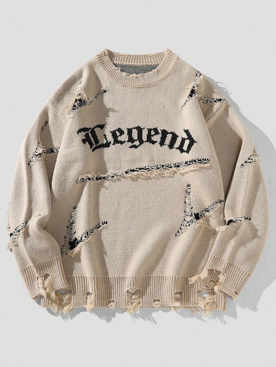 Manfinity CasualKnits Men's Avant-Garde Regular Length Ripped Pullover With Round Neck And Long Sleeves Back To School , Fall Winter - Khaki - View 1