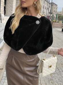 SHEIN Privé Single Button Crop Velvet Cape Fuzzy Coat