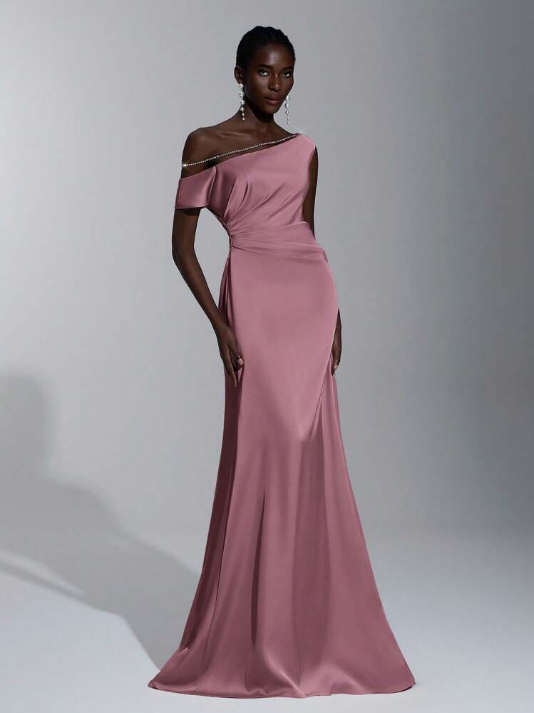 dusty pink bardot satin mesh insert ruched bodycon dress Ruched & Ready sculpting mesh bardot v front bodycon maxi dress in pink