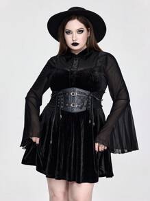 ROMWE Plus Size Gothic Vintage Velvet & Mesh Patchwork A-Line Bell Sleeve Dress - Black - View 3