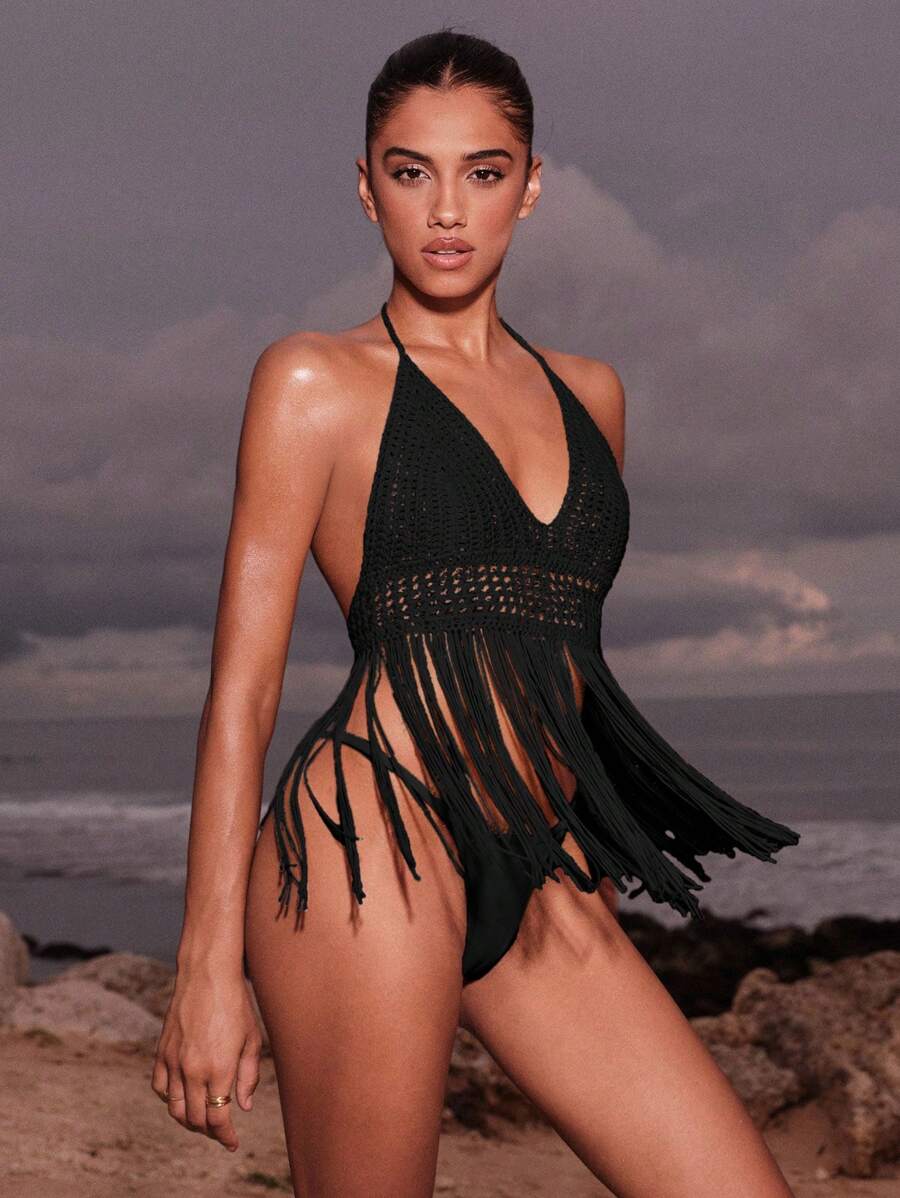 Opulessa 镂空流苏边饰绑带露背露背沙滩罩衫 - 黑色 - 查看 1