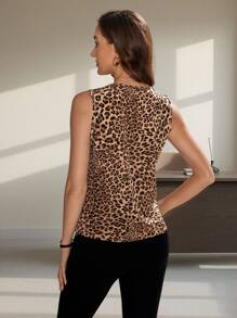 Editum 优雅女士猎豹印花撞色拼接黑色立领衬衫，常规无袖背心上衣，适合日常穿着