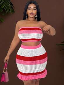 Veslaya Plus Size Women Music Festival Style Bandeau Crop Top + Ombre Ruffle Trim Mini Skirt 2 Pieces Set - Multicolor - View 2