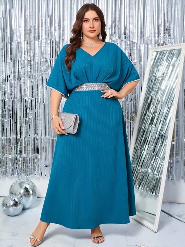 Gownix 弧形大码女装蓝色优雅蝙蝠袖银色闪亮亮片拼接腰部紧身A字裙，女装浅蓝色连衣裙，外出装，女装连衣裙，优雅连衣裙，优雅连衣裙，优雅婚纱，女装春夏连衣裙，女装度假装