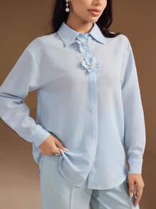 Veilorie 女式花卉装饰落肩长袖单排扣优雅衬衫 - 藍色 - 查看 4