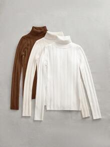 SHEIN LUNE 3pcs/Set Women's All-Match Classic Versatile Pullover Warm Casual Sweaters, Autumn/Winter Turtleneck Sweater Women Women Turtleneck Tops Knitted Turtleneck Top High Neck Sweater Ribbed Turtleneck Sweater - Multicolor - View 3