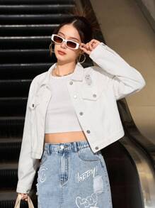 Denimly Women's Casual Everyday Urban Street Style Ripped Design Open Front Simple Comfortable Washed White Denim Jacket Fall Winter - White - View 4