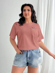EURMUSE Plus Size 100% Cotton T-Shirt With Floral Embroidery, Crew Neck And Pocket Detail - Pink - View 3