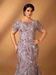 Serin Plus Size Elegant And Gorgeous Lotus Pink Round Neck Short Sleeves Sequin Embroidery Luxury Drilling Beading Craftsmanship Slim Fishtail Hem Suitable For Dinner Bachelorette Party Date Holiday Dance Wedding Event Bride Mother Dress Formal Dresses For Wedding Guest