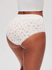 LUVLETTE Set de 3 chiloți simpli din bumbac, cu talie medie, cu dantelă și imprimeu floral din dantelă