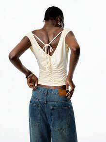 LYSMO 2025 Women's Backless Tie Back Ruched Drape Neck Cropped Top,Solid Color Waist-Fitted,Youthful Casual Summer Elegant Party Night Beige Light Yellow - Beige - View 5