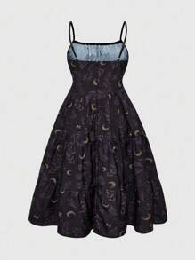 ROMWE Goth 夏季波西米亚风度假月亮与植物复古全身印花大码女式细肩带连衣裙 - 紫色 - 查看 3