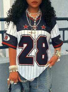 Rovax Áo thun nữ cổ chữ V tay ngắn in hình ngôi sao 5 cánh và sọc kỹ thuật số - Nhiều màu - Xem 3