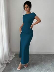 Elenzga 收腰修身优雅浪漫女士纯色不对称领口修身连衣裙 - 水鴨藍 - 查看 5