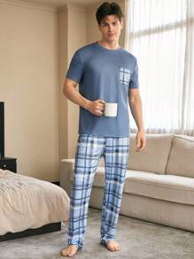 CoupledUp Plaid Print Short Sleeve & Long Pants Casual Men's Pajama Set