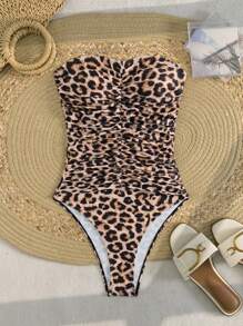 Swim Chiccia Swim Vcay Women Leopard Print Ruched Front One-Piece Swimsuit For Summer Beach Vacation - Multicolor - View 3