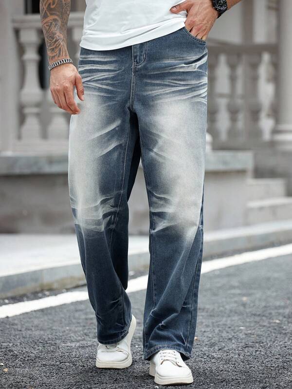 Manfinity Homme Große Größen Amerikanische Streetwear Jeans mit Rissen und geradem Bein