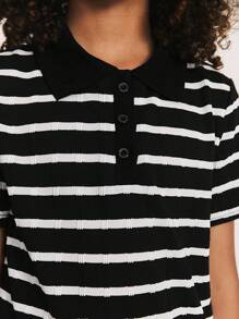 SHEIN Tween Girl Casual Minimalist Comfortable Contrast Color Striped Polo Shirt ,Back To School Season, Christmas - Black - View 5