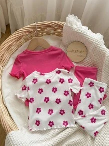 4pcs/Set Baby Girl Floral Pattern Ruffle Trim Short Sleeve Pajamas & Solid Loungewear Set, Comfortable Sleepwear Graphic