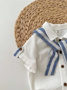Baby Boy Casual Summer Vacation Solid Color Short Sleeve Shirt, Striped Shorts And Shawl Three-Piece Set - Multicolor - View 5