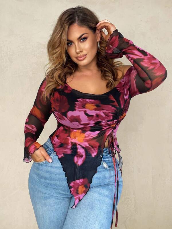 SHEIN BAE Damen Große Größen Mesh Schleife Bluse, elegantes Sommer Urlaubsoutfit, geeignet für Valentinstag, Geburtstag, Herbstkleidung für Damen, Halloween, Rückkehr zur Schule, Schulkleidung, Weihnachten, Winter, Sommerkleider für Damen, Hochzeitsgast Top für Kurven Damen, Große Größen Langarmshirt, Geburtstagskleider für Damen, Urlaubsoutfits für Damen, Abendkleider für Damen, Westernmode für Damen