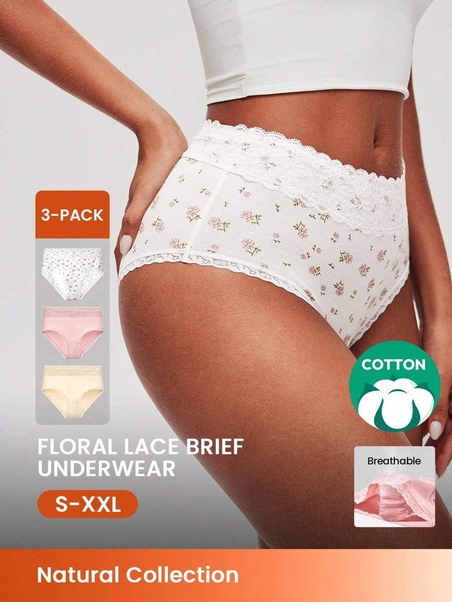 LUVLETTE Set de 3 chiloți simpli din bumbac, cu talie medie, cu dantelă și imprimeu floral din dantelă