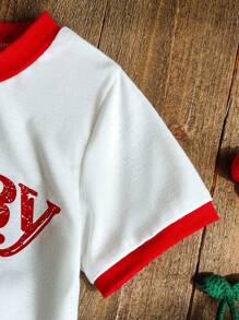 SHEIN Infant Girls 2-Piece Set: Red And White Cherry Print Crew Neck Top With English Letter And Embroidered Light Blue Cherry Denim Shorts, Adorable And Sweet Style, Classic Cherry Pattern, Loose Fit, Suitable For Outing, Leisure, Party, Showcasing Playful And Cute