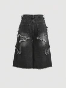SHEIN Girlism 少女Y2K复古水洗星形图案拼接印花牛仔七分裤，带腰带环，毛边裤脚，宽松休闲长款短裤，适合日常穿着、上学、街头风、青少年穿搭，兼具美学、颓废和星形印花元素，是秋冬季的理想之选。