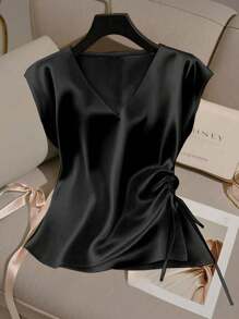 GlowEve Women's Solid Color Minimalist Casual V-Neck Tie Front Blouse - Black - View 3