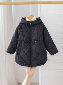 Baby Girl Raglan Sleeve Zip Front Drawstring Waist Hooded Casual Padded Coat,In Fall/Winter