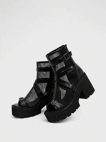 Sugerpunk 女式黑色厚底凉鞋，露趾粗高跟踝带拉链后罗马鞋，橡胶鞋底 | 多功能四季休闲鞋 - 黑色 - 查看 5