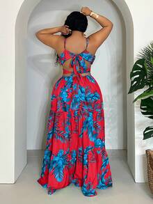 Slaydiva Slaydiva 2025 New Arrivals Summer Vacation Sexy Backless Tie Strap Floral Print Maxi Dress With Oversized Skirt Curve Maxi Dress Curve Summer Dress Curve Sundress Plus Vacation Dress Tropical Print Maxi Dress