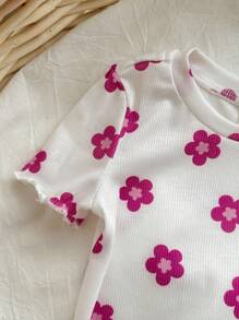 4pcs/Set Baby Girl Floral Pattern Ruffle Trim Short Sleeve Pajamas & Solid Loungewear Set, Comfortable Sleepwear Graphic