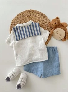 Baby Boy Casual Summer Vacation Solid Color Short Sleeve Shirt, Striped Shorts And Shawl Three-Piece Set - Multicolor - View 2