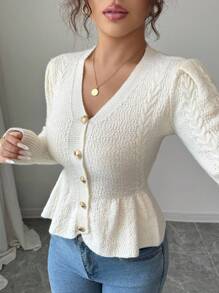 Elenzga Women's Elegant Ruffled V-Neck Waist Fitted Knit Cardigan Sweater, Suitable For Holiday & Vacation, Autumn/Winter Fall Cloth For Women - Apricot - View 4