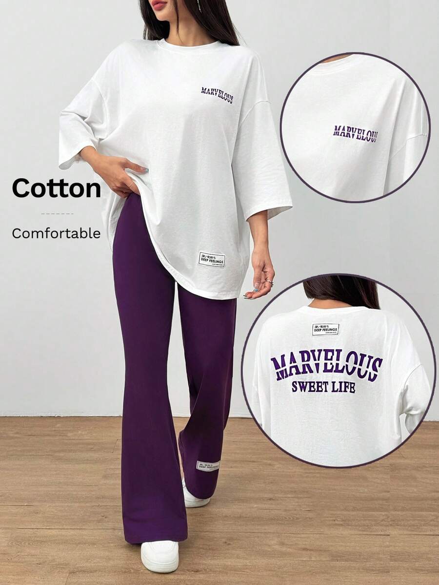 Mulvari 2pcs/Set Women Letter Print Round Neck Tee And Flared Pants, Casual Women's Summer Slogan Print Dropped Shoulder T-Shirt And Casual Pants 2pcs/Set, Casual Outfits Tracksuit 2 Pieces Lounge Set, Suitable For Walking/Sports/Back To School & Everyday Casual Wear Contains Cotton, Quick Sweat Absorption