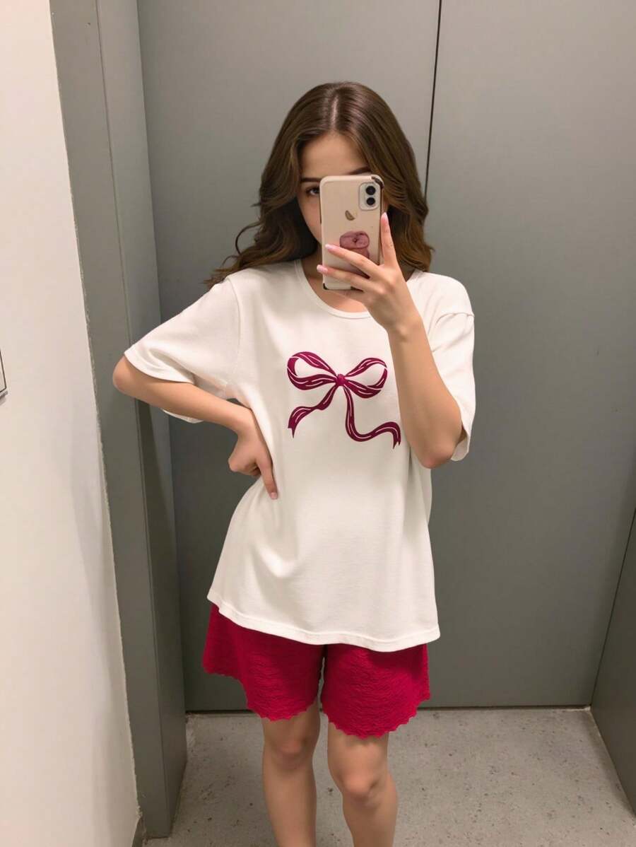 Set da due pezzi per ragazze pre-adolescenti, composto da top a maniche corte con stampa a fiocco in jacquard avorio e pantaloncini a righe in maglia, adatto per il ritorno a scuola - Multicolore - Visualizzare 1