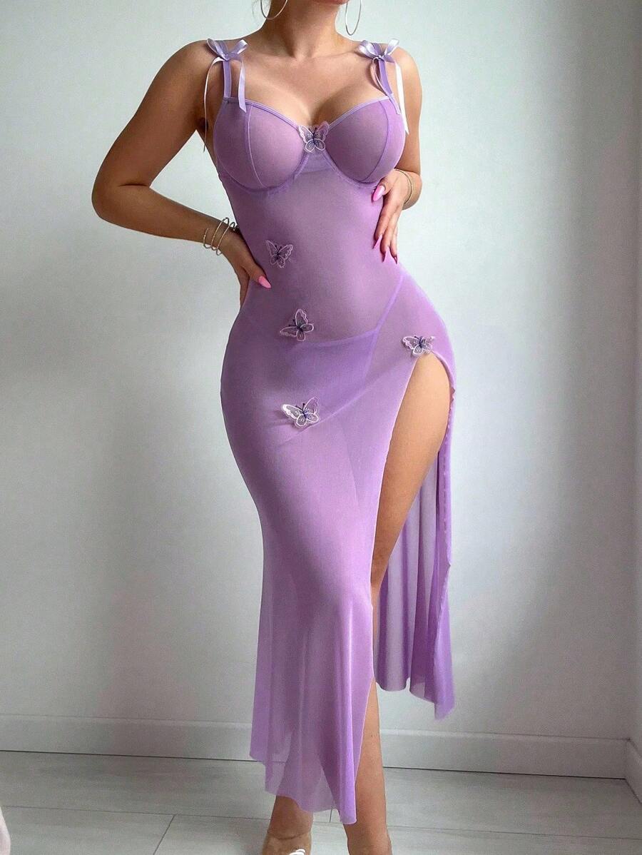 SHEIN Đầm nữ họa tiết bướm chắp vá thời trang gợi cảm - Màu tím - Xem 1