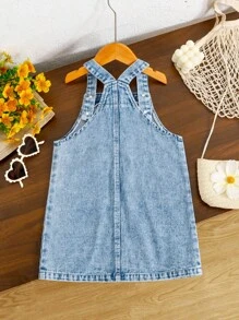 Girls Blue Washed Casual Loose A-Line Denim Dress, Adjustable Shoulder Strap, Sweet Heart & Colorful Floral Print, Versatile & Fashionable For Daily Wear
