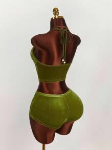 Amplova 女式两件套性感镂空睡衣上衣和不对称下摆裙子，夏季 - 綠色 - 查看 11