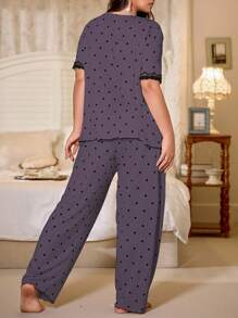 CottageSlumber 1 Set Plus Size Polka Dot Print Contrast Lace Bow V-Neck Short Sleeve Top And Pants Sleepwear  Cozy And Elegant Details - Purple - View 2