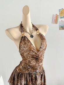 Soleia 女士蓝色花卉印花针织网眼露背连衣裙，浪漫度假风 - 彩色 - 查看 4