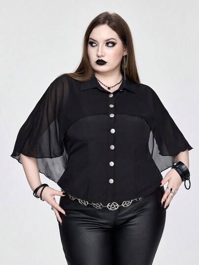 Goth Blusa vintage gótica de talla grande con mangas de murciélago de patchwork de gasa, adecuada para varias ocasiones