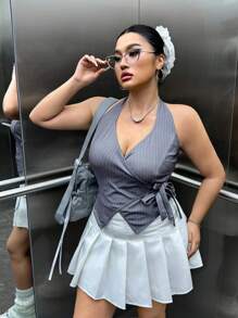 SHEIN EZwear 大码女式条纹腰带吊带背心 - 深灰色 - 查看 5