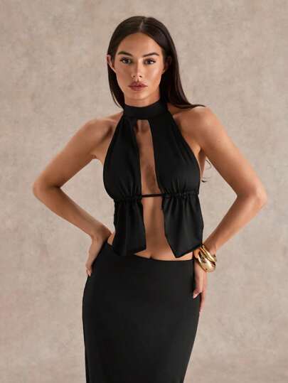 Glamine 2 Piezas Conjunto Negro Sexy Corte Cuello Halter Espalda Descubierta Falda Maxi, Conjunto de Club, Ropa de Vuelta a la Escuela, Ropa de Otoño, Conjunto de Concierto, Ropa de Calle, Conjunto de Cita Nocturna, Conjunto de Cumpleaños de Mujer, Conjunto de Salida