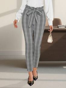 SHEIN Clasi Women Fashion Paperbag Waist Belted Plaid Pants - Multicolor - View 5