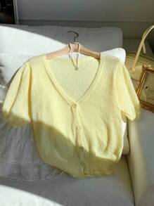 Comfortcana 秋季女款纯色短袖单排扣轻薄黄色开衫 - 黃色 - 查看 1