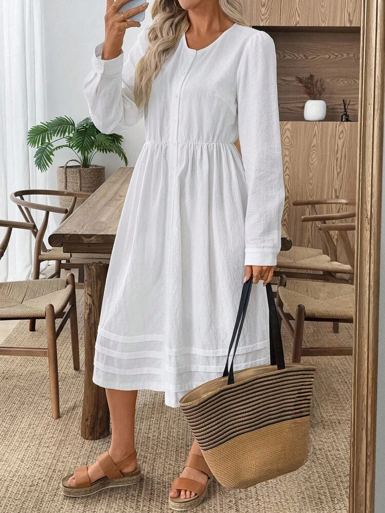 Women's Solid Color Round Neck Long Sleeve Single-Breasted Casual Dress  Summer Vacation Outfits Woman Vacay Outfits Women Teacher Outfits For Women Women Summer Clothes Teacher Outfits For Women Summer Casual Dress Black And White Gingham Dress Sleeveless Gingham Dress Checkered Dress Ruffle Hem Dress Picnic Dress Summer Dress Teacher Outfits Work Clothes