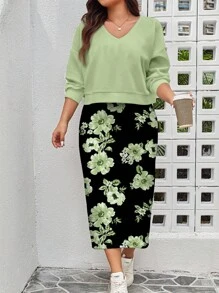 SHEIN LUNE Plus Size Women Floral Print V-Neck Short Sweatshirt & Dress 2 Pieces Set, Casual For Autumn/Winter,Holiday Outfits
